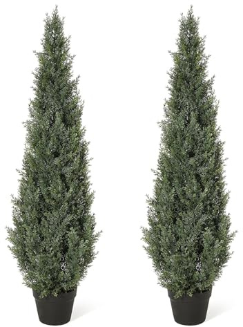 RBFGYIOP Alberi Artificiali di Cipresso 125cm Realistici in Vaso - Topiaria UV Resistente per Esterno e Interno - Piante Decorative per Giardino, Ingresso, Balcone, Casa - Set di 2, 4ft (2 pezzi)