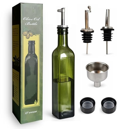 Gardenko Olivenöl Flasche 500 ml aus grünem Glas mit Ausgießer – Glas-Olivenöl-Spender-Flasche mit 2 Ausgießern, 2 Kappen & Trichter, tropffrei & auslaufsicher