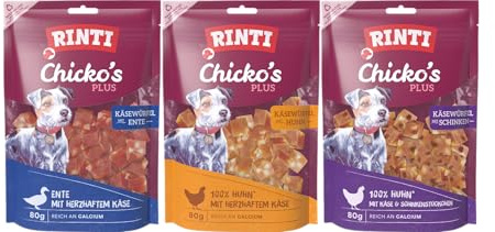 arelf Bundle RINTI Chicko's Plus Käsewürfel Mixpaket 3 x 80g | Hundesnack & Hundeleckerli Würfel mit Huhn, Ente & Schinken | luftgetrocknet | ohne Soja | inkl. gratis Snack