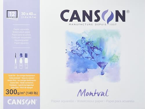 CANSON Montval, Aquarellpapier, fein, 300 g/m², rundum geleimter Block, 30 x 40 cm, Weiß, 12 Blatt