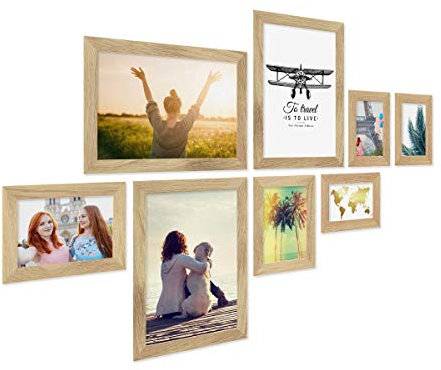 PHOTOLINI Bilderrahmen Set Holz, Fotorahmen Holz Echtholz, 8er Bilderrahmenset Wand Collage, photo frames for wall mit Acrylglas aufhängen, Eiche Bilderrahmen Set verschiedene Größen mit Zubehör