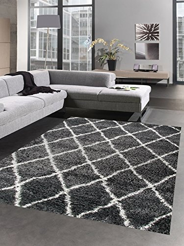 Carpetia Shaggy Teppich Wohnzimmerteppich Hochflor Langflor Rauten grau Creme Größe 200 x 290 cm
