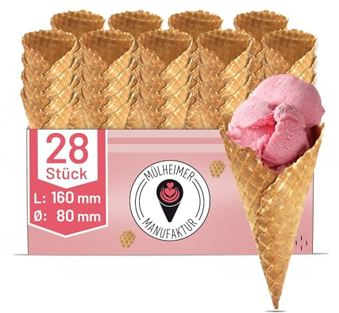 MyNaschbar Süße Eiswaffel Wundertüte 2x14 Stück, 160 mm lang, Ø 80 mm, VEGAN – Dänisch groß mit Karo – Essbare Eistüten für 4 Kugeln Eis oder Softeis – Eiswaffeln Hörnchen in Eisdielen-Qualität