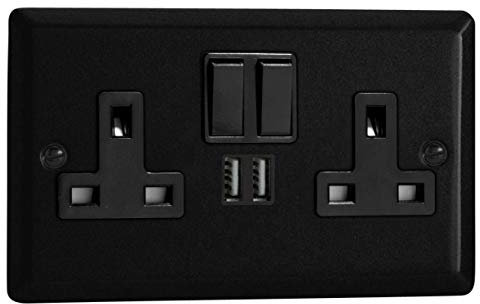 Varilight Double Switched Socket With USB Charging - Urban Matt Black With Black Insert