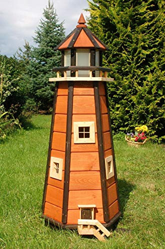 XL Premium Leuchtturm mit Solar LED Beleuchtung 1,1m braun 110cm Holz Garten Deko