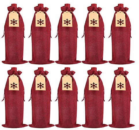 VEYLIN Burlap Wine Gift Bags, 12 Wine Bottle Bags Drawstring with Tags for Christmas Winter Party Supplies