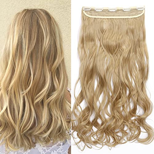 S-noilite Fashion One Piece Clip in Hair Extensions Half Full Head 5 Clips Curly Wavy Hairpiece 24 Inches(60cm)- Honey Blonde mix Ash Blonde