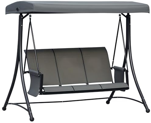 Outsunny Dondolo 3 Posti da Giardino o Terrazzo con Tettuccio Regolabile e Tasche Portaoggetti Grigio Scuro 196x128x172cm