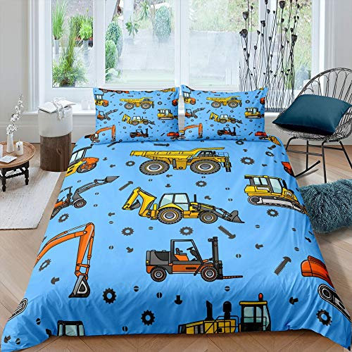 richhome Bagger Bulldozer City Bettwäsche-Set Schraubverschluss Bettwäsche Set 135x200cm Servicewagen Hellblaues Auto Betten Set für Kinder Jungen Mädchen Teenager 2St.Bettbezug