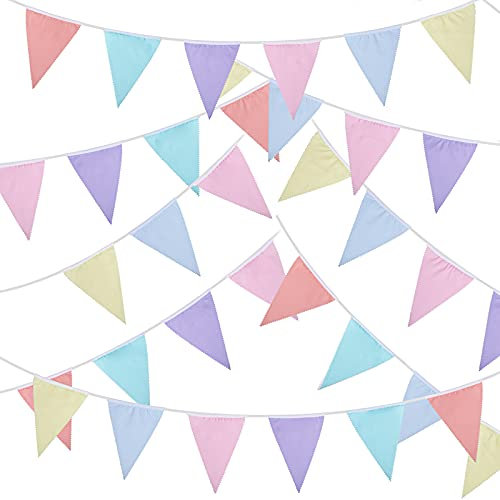 10m Wiederverwendbare Wimpelkette Pastell inkl. 36 pcs Baumwolle Wimpeln Party Girlande Deko Banner für Hochzeit Geburtstag Babyparty Wimpelketten Indoor Outdoor usw.