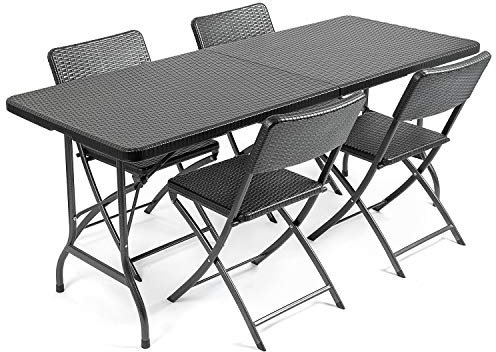 CHRISTOW Garden Tables and Chairs Rattan Effect Folding Patio Furniture (5 Piece Set) (6ft)