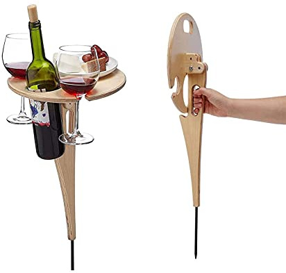 Giftik Klappbarer Weintisch für den Außenbereich, tragbarer Picknicktisch, kleines Weinglasregal aus Holz, tragbarer Klapptisch für Outdoor, Garten, Reisen, Strand, Camping, Party (Beige)