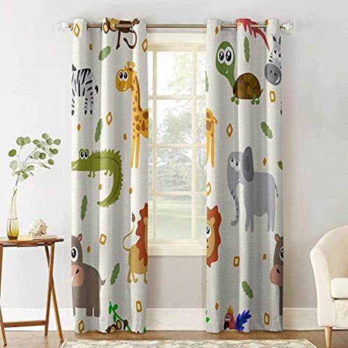 CLZLH Vorhänge Blickdicht Verdunkelungsvorhang Gardinen Mit Ösen 117X230Cm(B X H) 3D Musterdruck Cartoon Löwe Giraffe Elefant Schlafzimmer Wohnzimmer Ösenschal 2Er Set Schallschutz Vorhang