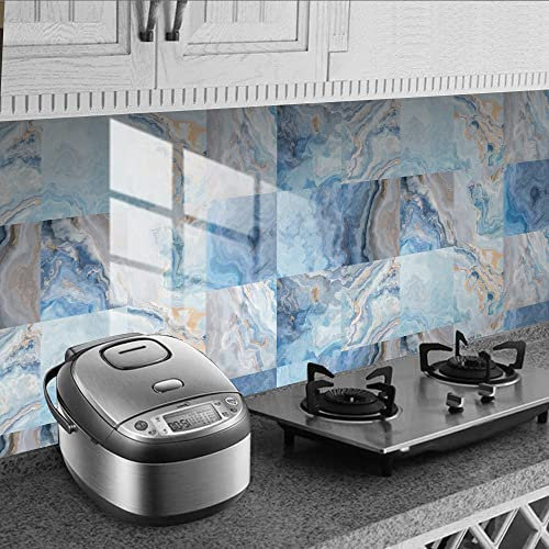 Fliesenaufkleber Blaue Marmorstruktur Klebefliesen 3D Küchenrückwand Folie Wasserdicht Fliesenfolie Vinyl Selbstklebende Fliesen Aufkleber Fliesen für Bad Wohnzimmer und Küche Deko10Stück(15X15cm)