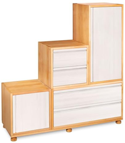 BioKinder Stufenkommode Treppenregal Stufenregal Kommode Laura, mit Türen und Schubladen aus zertifiziertem Massivholz Erle und Kiefer Naturweiß lasiert B 120 x T 40 x H 126 cm