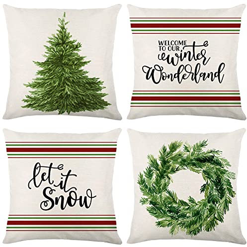 Artscope Weihnachten Kissenbezug, 4 Stück Weihnachten Kissen Set, Wohnkultur Leinen Dekokissen Muster Werfen Sie Kissenbezüge 45x45cm, Christmas Wreath