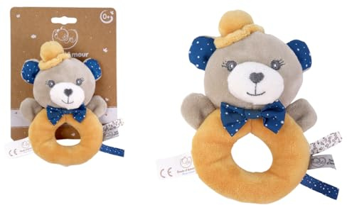 Dodo d'AMOUR - Rassel-Kuscheltier - Bär - 022290 - Senf - Fleece - Geburt - Plüschtier - Baby - Beruhigend - Weich - Waschbar - 13 cm x 10 cm - Ab 0 Monaten