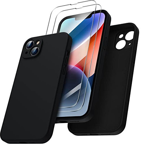 ORNARTO Compatible with iPhone 14 Plus Case 6.7 inch, with 2 Screen Protector Liquid Silicone Gel Rubber Cover [Full Body] Shockproof Protective Phone Case for iPhone 14 Plus-Midnight Black