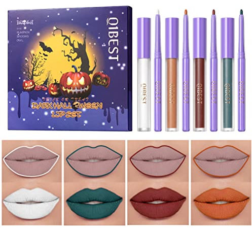GL-Turelifes Matte Lip Gloss Weiß Grün Schwarz Lila Vampir-Lippenstift Antihaft-Becher, nicht verblassender flüssiger Lippenstift, langlebig für Halloween-Cosplay (Set 02)