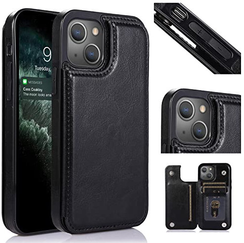 UEEBAI Wallet Case for iPhone 14 6.1 inch, Slim PU Leather Case with Card Slots Kickstand Magnetic Clasp Durable Shockproof Flip Folio Cover - Black