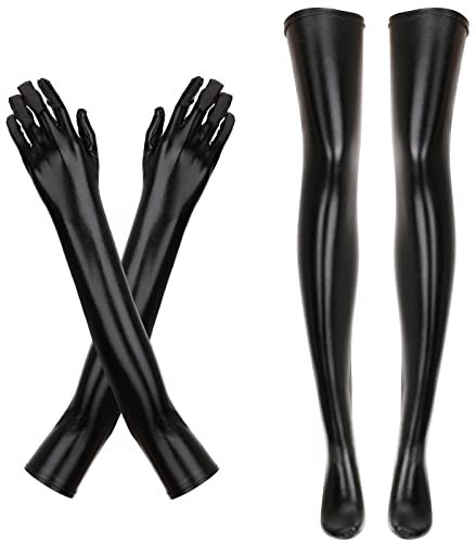 wlertcop Damen Kostüm Set Sexy Schwarz Elastisch Spandex Glänzend Lange Handschuhe und Schwarze Oberschenkel Hohe Strümpfe Lange Lacklederhandschuhe für Weihnachten Party Kostüm Cosplay