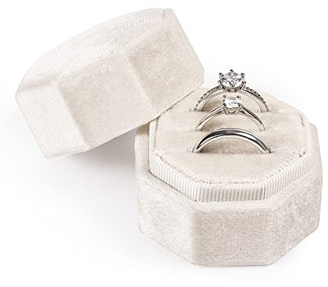 Velvet Ring Box for Wedding Ceremony, 3 Slots Octagonal Velvet Jewelry Ring Box for Proposal Engagement Wedding Anniversary Valentines Day for Holding 3 Rings (Beige)