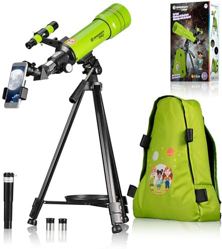 Bresser Junior Kinderteleskop 70/400 Linsenteleskop für Kinder ab 8 Jahren, Astronomie Einsteiger, Teleskop mit Rucksack, Zubehör & Smartphone-Halterung, Nachthimmel Beobachtung grün