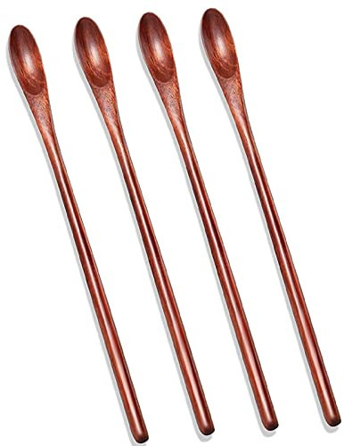 Lot de 4 petites cuillères à café en bois glacé à long manche