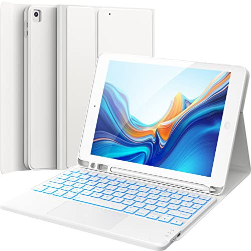 CHESONA iPad 9 Generation Hülle mit Tastatur, iPad 10.2 Taststur 9/8/7. Generation mit Touchpad, 7-Farbige Beleuchtung, 2 BT Kanäles, Wiederaufladbar Abnehmbare QWERTZ Tastatur für iPad 10.2, Weiß