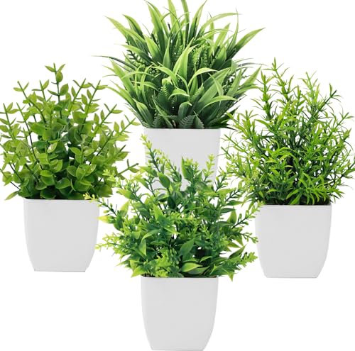 Bafenli 4 Pièces Mini Plantes Artificielles Verdure Plastique Faux Plantes avec Pot pour Maison Salle de Bain Bureau Table Décoration