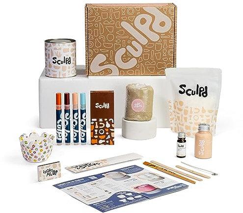 Sculpd Kerzenherstellung Töpfer-Set mit lufttrocknendem Ton und Acrylfarbstift, Anfänger-Kerzen-Starter-Kit für Erwachsene mit ungiftigem Öko-Sojawachs, duftendem Duftöl, Kerzenlack, Werkzeugen und