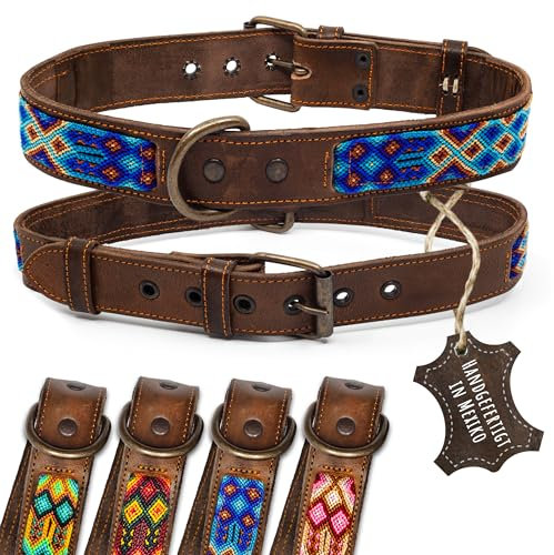 ALTEZAR Lederhalsband Hund - Doppelt Tribal Bestickt Blau Braun - Hochwertig verarbeitetes Hundehalsband Leder - Handgemacht in Mexiko - Größe XL - Halsband Hund für große Hunde Leder breit