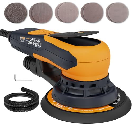 MAXXT Vibrant Orange 150mm Brushless Orbital Sander | 5.0mm Eccentric with 6-Speed Control | Low-Vibration Design & Advanced Dust Extraction for Woodworking, Car Detailing, DIY