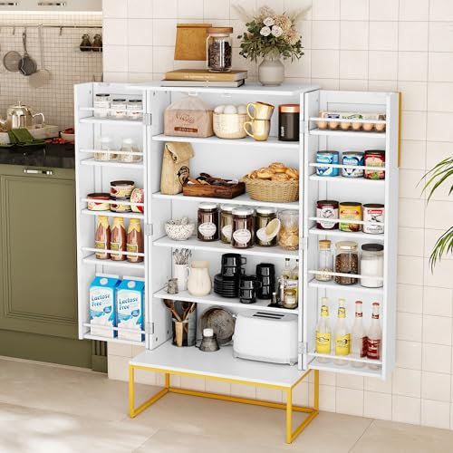 HOLTICO Akzent Holzküchenvorratsschrank mit Türen, Küchenschrank mit verstellbaren Regalen, Lebensmittelvorratsschrank für Küche, Esszimmer, Wohnzimmer und Garage, Metallbeine, Weiß