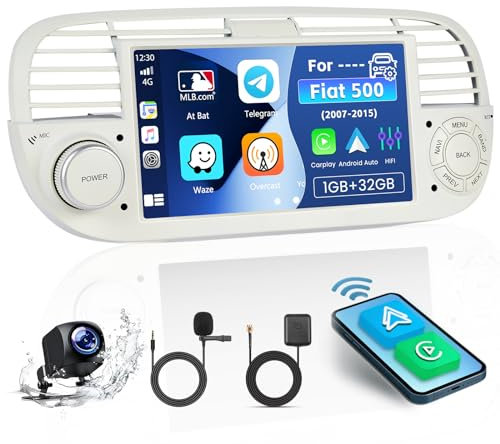 Inefala CarPlay Radio Coche Android 13 para Fiat 500 2007 2008-2015 con Carplay Inalámbrico y Android Auto, Radio de Pantalla Táctil IPS de 7 con GPS WiFi RDS FM USB Canbus Cámara Trasera
