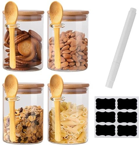 4 Pack Glass Jars with Airtight Bamboo Lid and Spoon, 500ml Overnight Oats Jars, Kitchen Spice Jars Storage Containers, Kitchen Food Storage Canister for Spice, Salt, Sugar, Seeds, Coffee, Nuts etc
