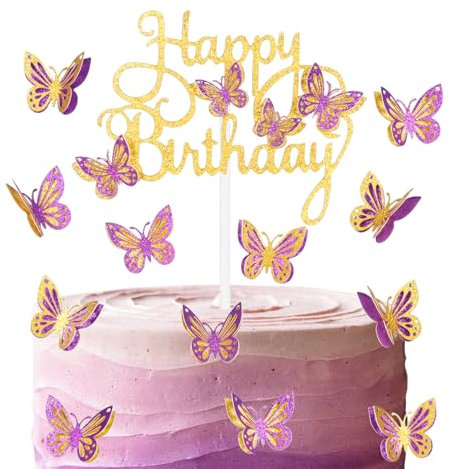 Gold Butterfly Happy Birthday Cake Toppers - Purple, Glitter, Theme Cake Cupcake Toppers for Girls Women Birthday Decorations