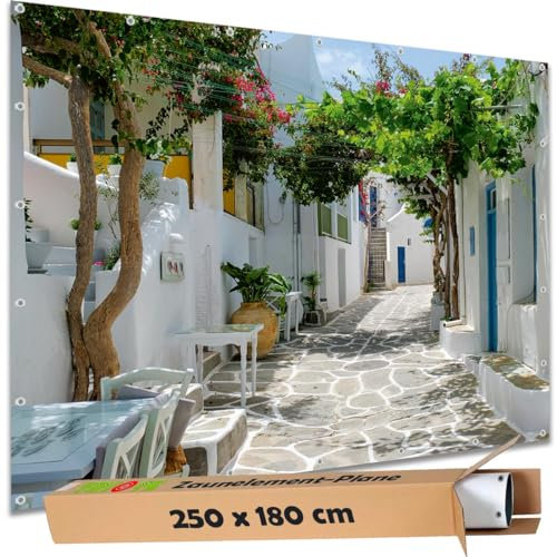 TRIOSK Sichtschutz Garten Deko Zaun Plane Blickdicht groß mit Zaunblende Motiv Natur Griechenland Gasse Naousa für Zaunelement Doppelstabmatten Stabmattenzaun Gartenzaun PVC 250x180 cm