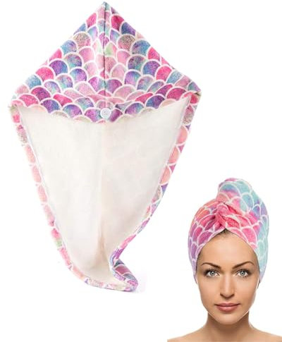 KGDUYC Haarturban Baumwolle - Rosa Meerjungfrau Schuppen, mit 1 Knöpfe, Turban, Handtuch Knopf Haar-Handtuch Kopf-Handtuch Knopf Haarturban schnelltrocknend Hair Towel Handtuch