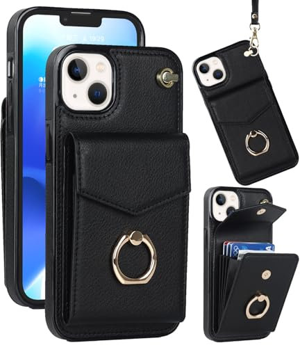 Knoowcase for iPhone 13 Case Shockproof Wallet with Card Holder Slots Ring Wrist Strap PU Leather Shell RFID Blocking Kickstand Magnet Full Protective Cover for iPhone 13, Black
