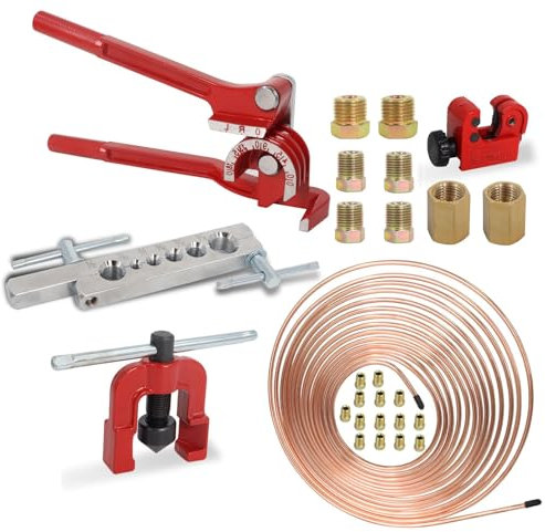 Poweka Kit de Herramientas para Cable de Freno,7,6 m 4.7 mm Conducta De Freno para Herramienta Abocardar con 16 Accesorios de Tubo de Freno y 4 Roscas,Kit De Manguera De Freno