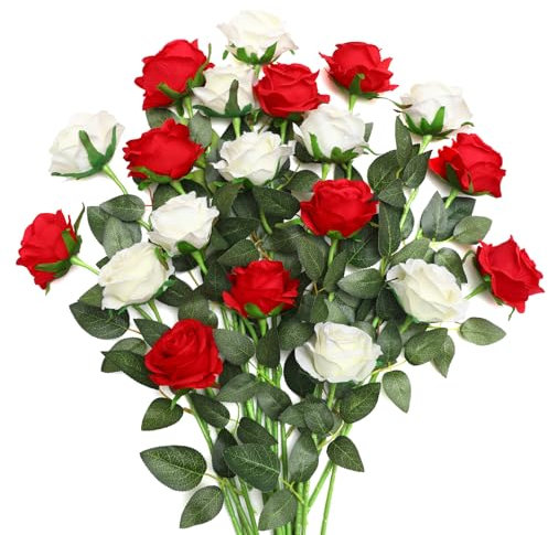 JUSTOYOU 20 PCS Künstliche Rosen,doppelte Farbe Seide blühende Rose mit Stiel, künstliche Rose Bouquet Realistische Blume für Home Table Office Party Hochzeit Garten Arrangements(Rot+Weiß)