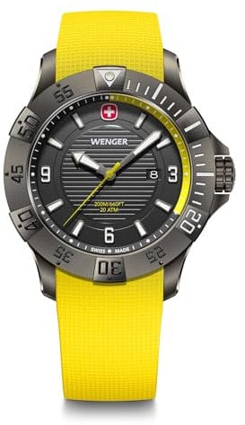 WENGER Herren Armbanduhr Seaforce, Ø 43 mm, Swiss Made, Analog Quarz, Wasserdicht bis 200 m, Silikon-Armband, Schwarz/Gelb, 01.0641.145