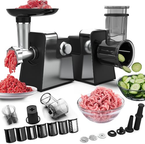 Electric Cheese Grater and Meat Grinder, 2 in 1 Electric Vegetable Cutter, Multi-function Electric Salad Shooter Fruit Slicer, Sausage Stuffer Maker & Kubbe Kit for Home Kitchen 7 blades