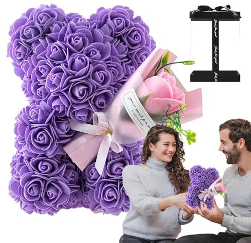 Oso Rosa Para Ella, Oso De Rosas Con Caja, Oso De Peluche Con Ramo De Flores, Oso De Peluche Hecho A Mano, Regalos Para Mujeres, Caja De Regalo Transparente De 10 Pulgadas, Regalo De Cumpleaños
