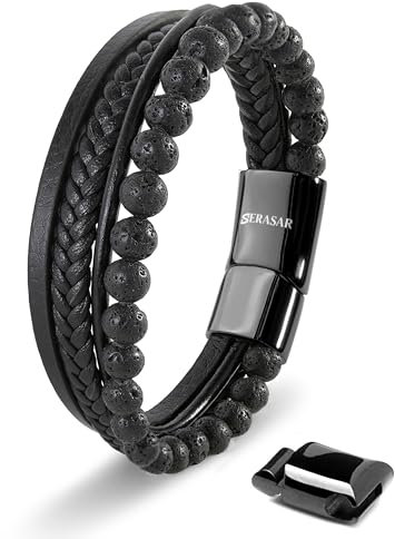SERASAR Perlen Armband Herren Männer Leder Schwarz Lederarmband Männerarmband Lederband Herrenschmuck Armkette Kette Leather Bracelet Geschenk