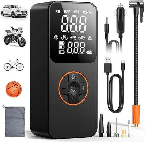 Compressore Aria Portatile Auto, 150PSI Mini Compressore Portatile Senza Fili con Luce LED, Batteria Ricaricabile 6000mAh, 12V DC Gonfiatore Elettrico Portatile per Pneumatici Auto Moto Bici Palloni