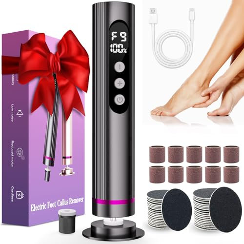 Dermave Electric Foot Callus Remover Cordless, 2 in 1 Wireless Electric Foot File, Adjustable 9 Speed Rechargeable Pedicure Foot Filer Tool w/Sandpaper Discs & Nail Drill Bits, Digital Display (Gray)