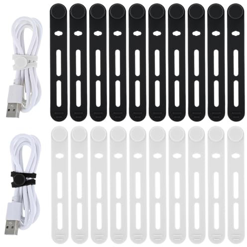 20 Pcs Silicone Cable Ties, Adjustable Silicone Cable Straps Wire Organizer Reusable, Travel Cord Organizer Essentials, Black & White