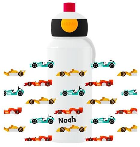 Mepal Personalisierte Trinkflasche mit Namen - Wasserflasche für Kinder Pop-up Campus - Rennwagen - Auslaufsichere Flasche für Schule - BPA-frei & Spülmaschinenfest - 400 ml - Kleine Rennwagen